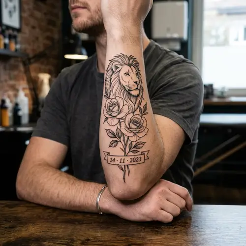 Majestic Lion Forearm Tattoo with Roses