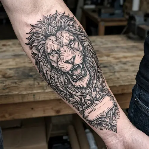 Majestic Lion Tattoo Design with Date Placement for Forearm