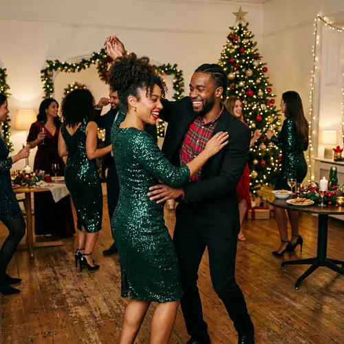 Joyful Black Couple Dancing at Christmas Party