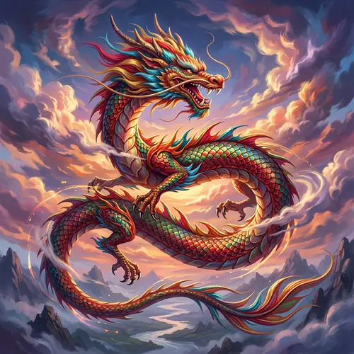 Colorful Oriental Dragon Soaring Through Sky | Digital Painting