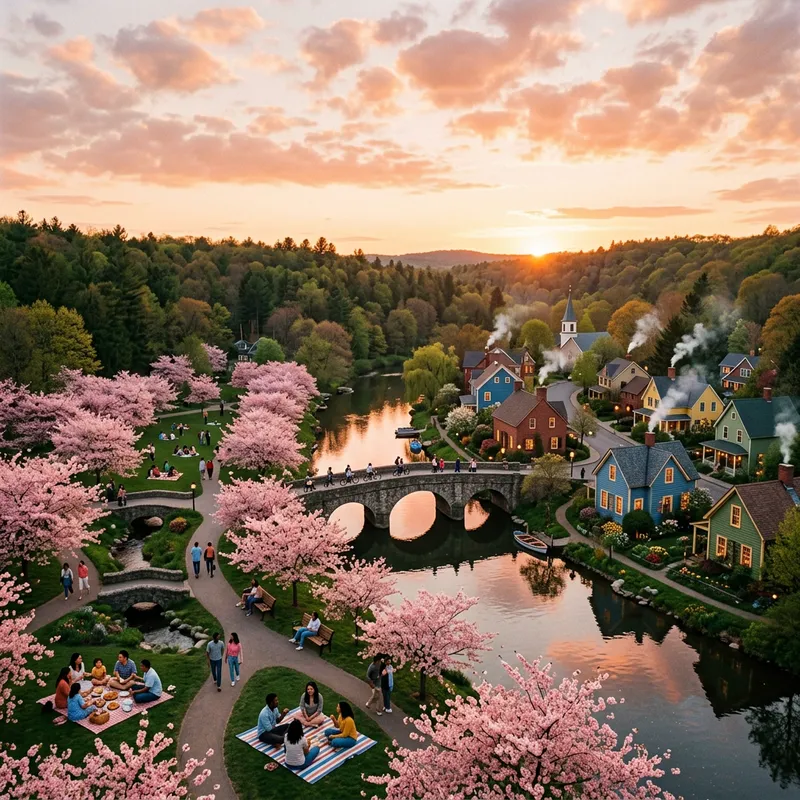 Tranquil Small Town with Cherry Blossom Park & Colorful Houses