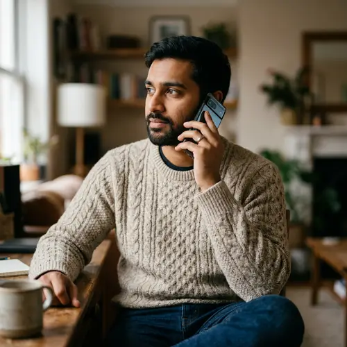 Serious South Asian Person Engaged in Phone Conversation