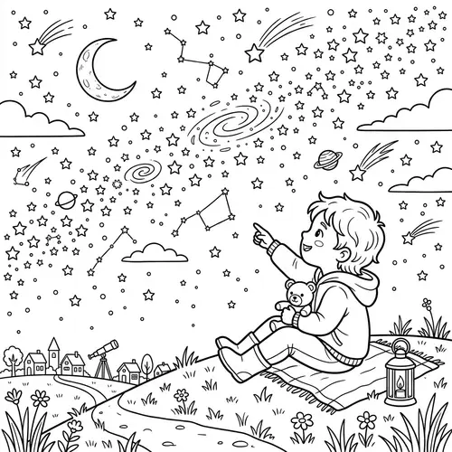 Cute Child Staring at Stars – Coloring Book Page