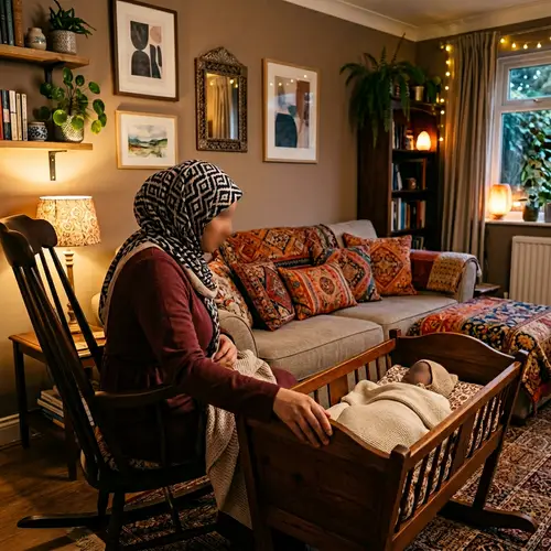 Cozy Home Scene: Woman in Hijab with Baby in Cradle