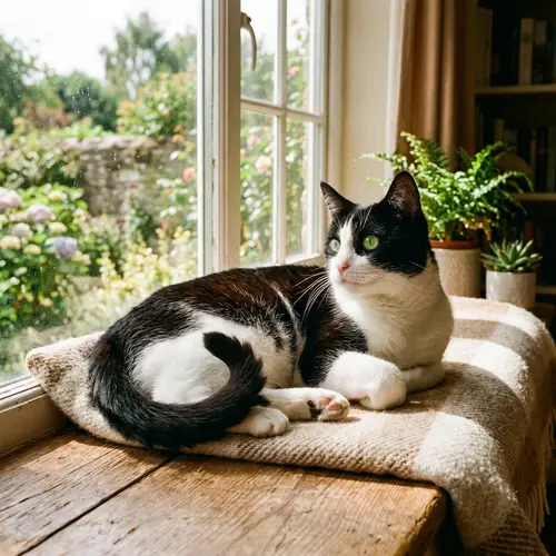 Tranquil Black and White Cat Lounging in Sunlight