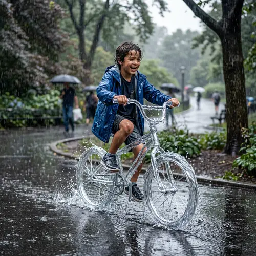 Boy Riding a Bicycle Made of Water
