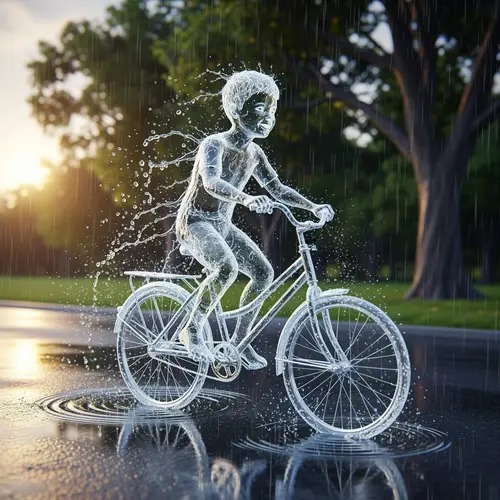 Boy Riding a Bicycle Made of Water