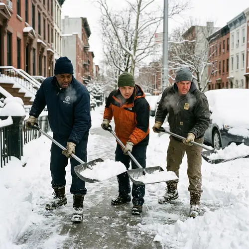 Diverse Snow Shoveling Crew Clearing Urban Street | Winter Scene