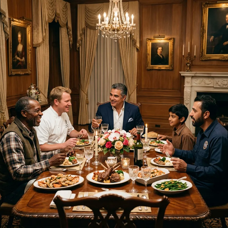 Rich Man Dining with Workers: Cook, Poor Boy, Animal Caretaker, Farmer, Property Guard