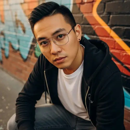 Asian Guy in Glasses with Brown Eyes and Short Hair