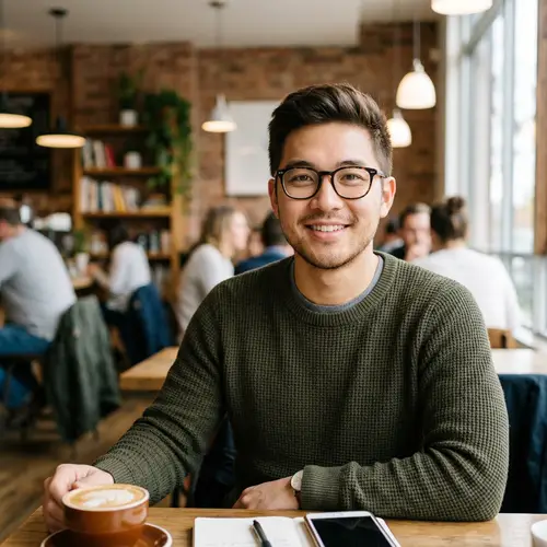 Asian Guy in Glasses with Brown Eyes and Short Hair