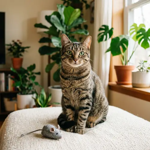 Striped Domestic Cat on Comfy Cushion | Green Eyes