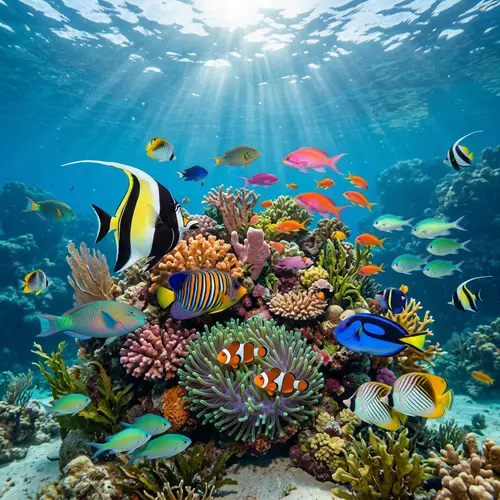 Colorful Fish Swimming in Harmony Around a Coral Reef