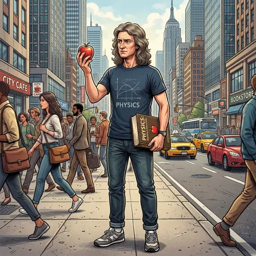 Historical Scientist Observing an Apple in Modern City Setting