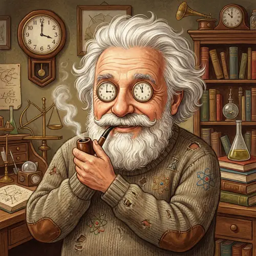 Eccentric Elderly Gentleman Puffing on a Pipe with Antique Wall Clocks