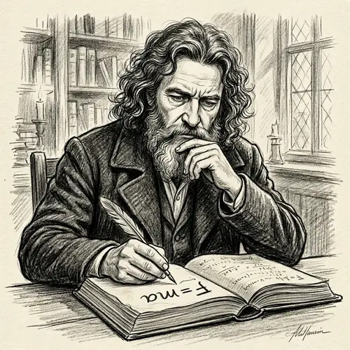 Influential Physicist Deep in Thought Writing F=ma Equation