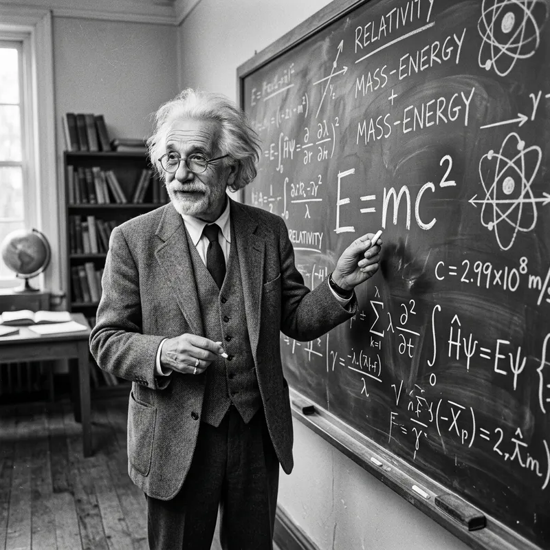 Albert Einstein with E=mc^2 on Blackboard