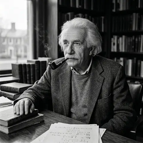 Notable Theoretical Physicist with White Hair Posing with Pipe