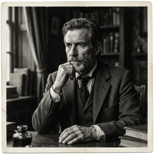Vintage Style Black and White Photograph of Contemplative Middle-Aged Male