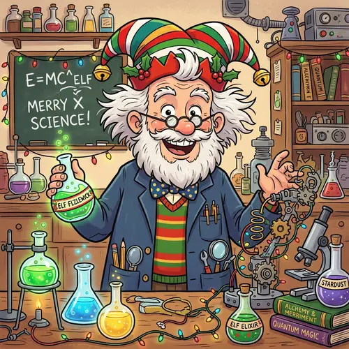 Cartoon Scientist with White Hair and Elf Hat