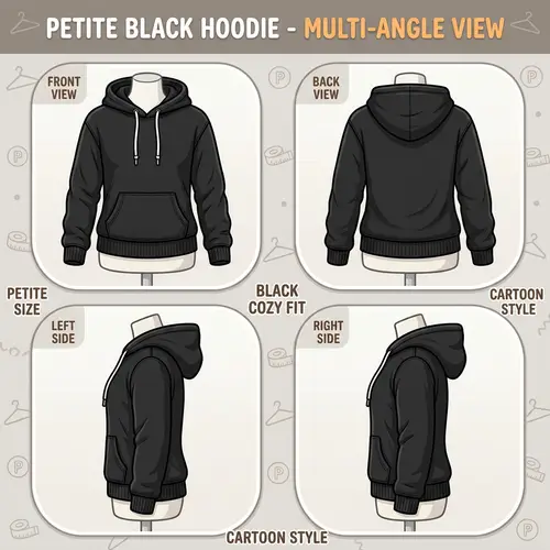 Cartoon-Style Petite Black Hoodie with Multiple Viewing Angles