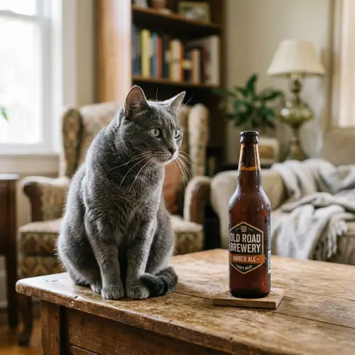 Gray Cat by Closed Beer Bottle - Unique Scene in Cozy Setting