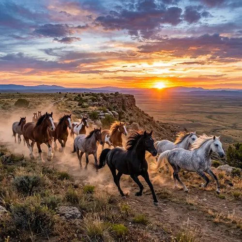 Breathtaking Scene of Wild Horses Running on a Mesa