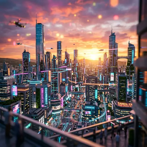 Futuristic Cityscape at Sunset | Cyberpunk Urban Scene