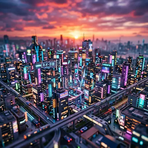 Glowing Cyberpunk Cityscape at Sunset - Tilt Shift Aesthetic