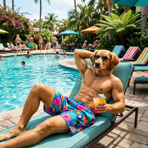 Male Dog Demi-Human Lounging by Pool in Vibrant Beach Shorts