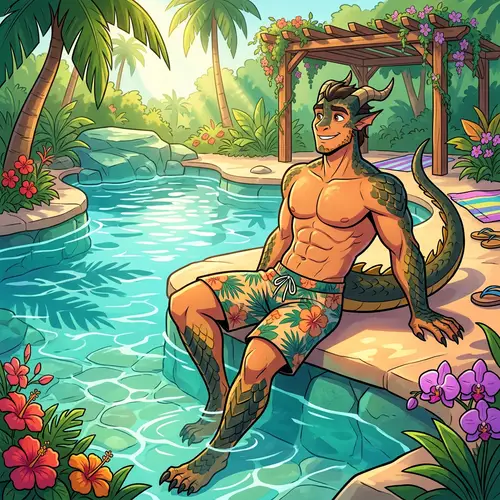 Male Dragon Demi-Human at Pool - Cartoon Character