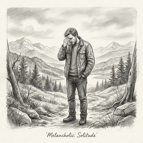 Melancholic Solitude: Emotional Man in Peaceful Landscape