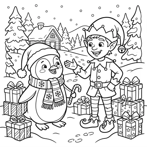Coloring Page: Holiday Penguin & Christmas Elf Interacting
