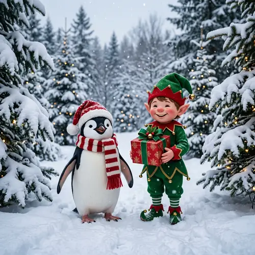 Festive Penguin and Christmas Elf in Winter Landscape