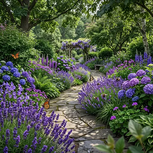Tranquil Garden with Violet Flowers | High-Quality Image