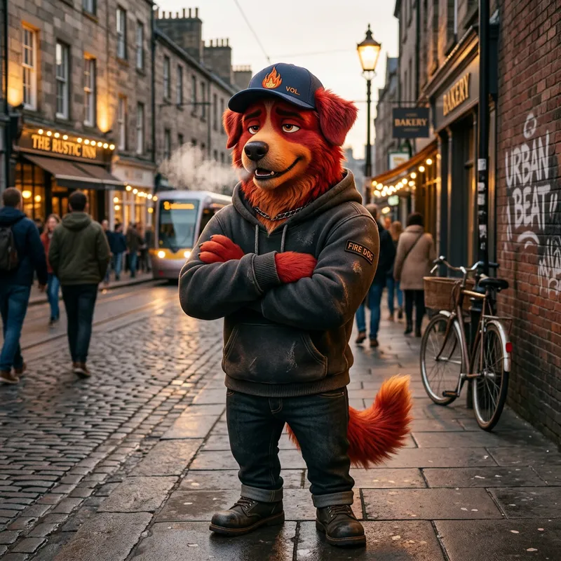 Red Dog Character in Hoodie and Cap