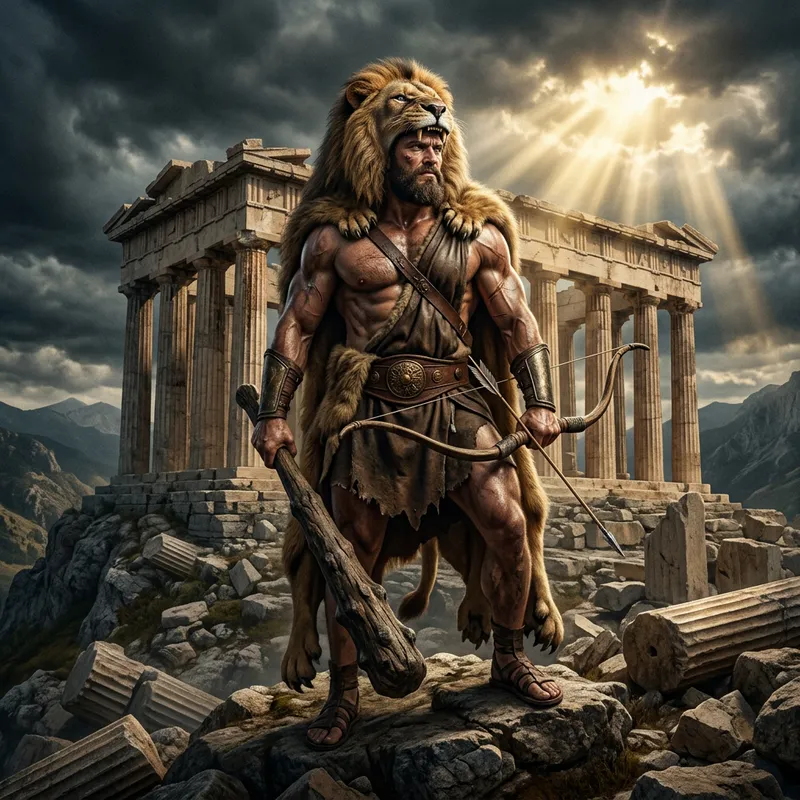 Ancient Greek Warrior in Epic Mythical Scene Ancient Greek Warrior in Epic Mythical Scene