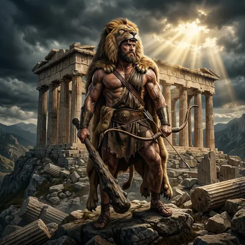 Ancient Greek Warrior in Epic Mythical Scene