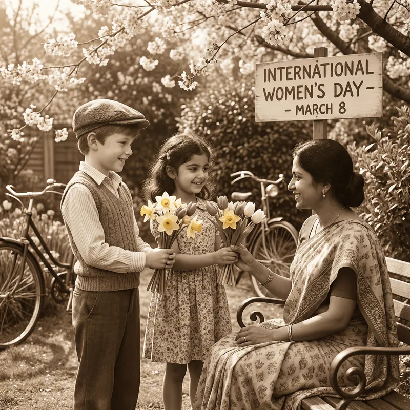 Vintage Spring Celebration: Children Gifting Flowers on 8th March Vintage Spring Celebration: Children Gifting Flowers on 8th March