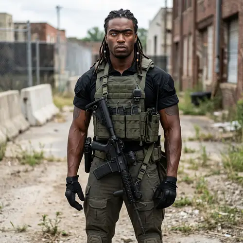 Muscular Man with Unique Eyes and Protective Gun Armor