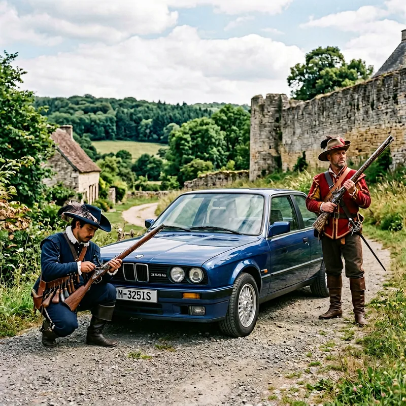 Blue BMW 325is with Musketeers