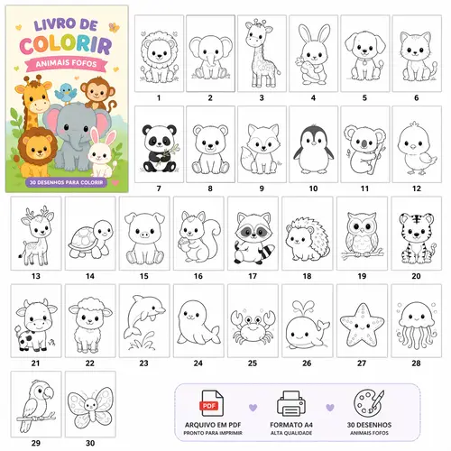 Coloring Book PDF with 30 Cute Animal Pages
