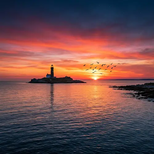 Breathtaking Sunset Over Serene Ocean with Lighthouse