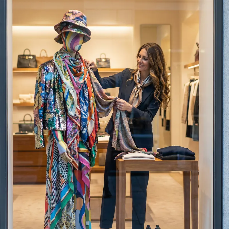 Elegant Fashion Visual Saleswoman Dressing Vibrant Mannequin | Moschino