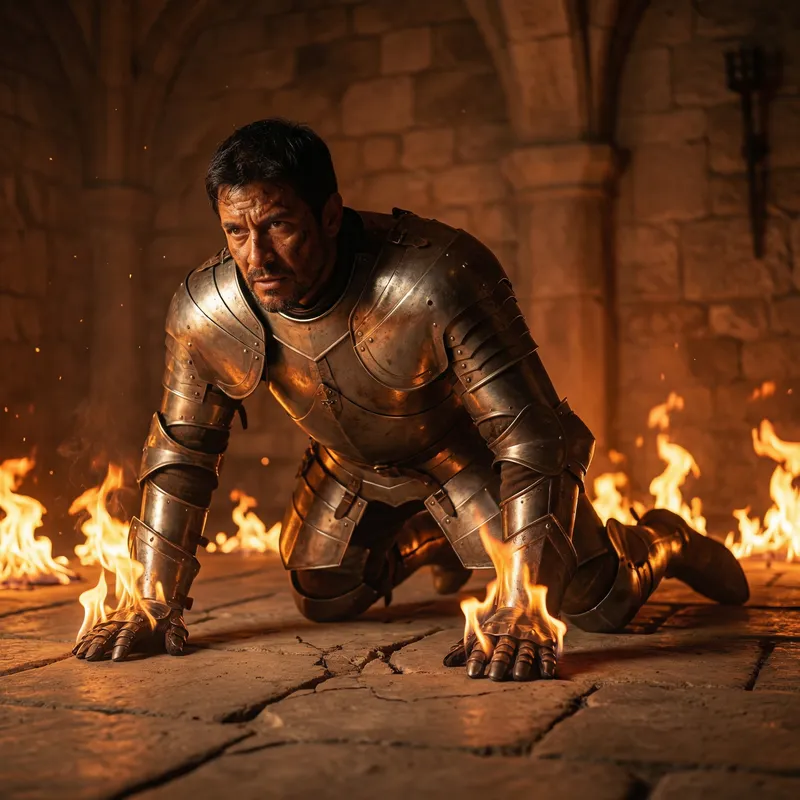 Hispanic Armored Knight Rising with Fire | Medieval Scene