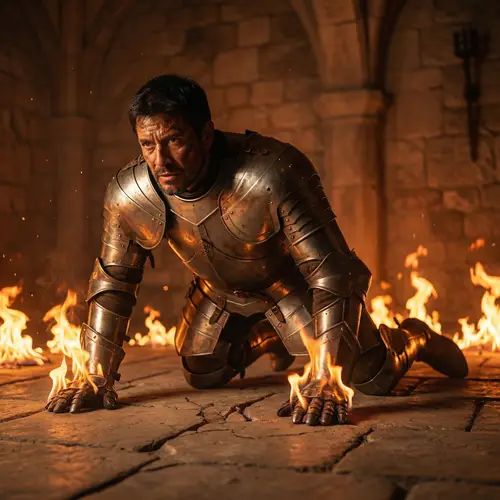 Hispanic Armored Knight Rising with Fire | Medieval Scene
