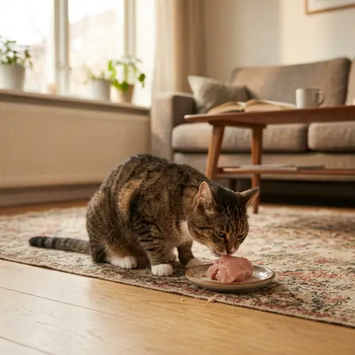 Adorable Cat Enjoying Real Meat in Cozy Home Environment
