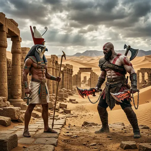 Mythological Battle: Horus vs Kratos in Desert Ruins