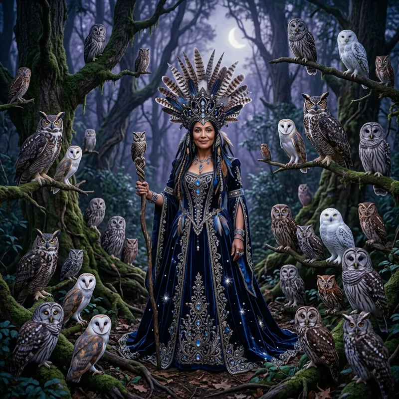 Majestic Queen of Owls in Twilight Forest