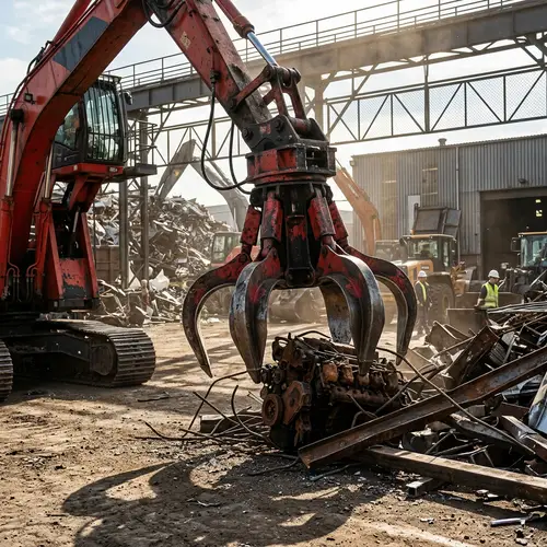 Powerful Metal Claw Machine in Red and Black | Industrial Site